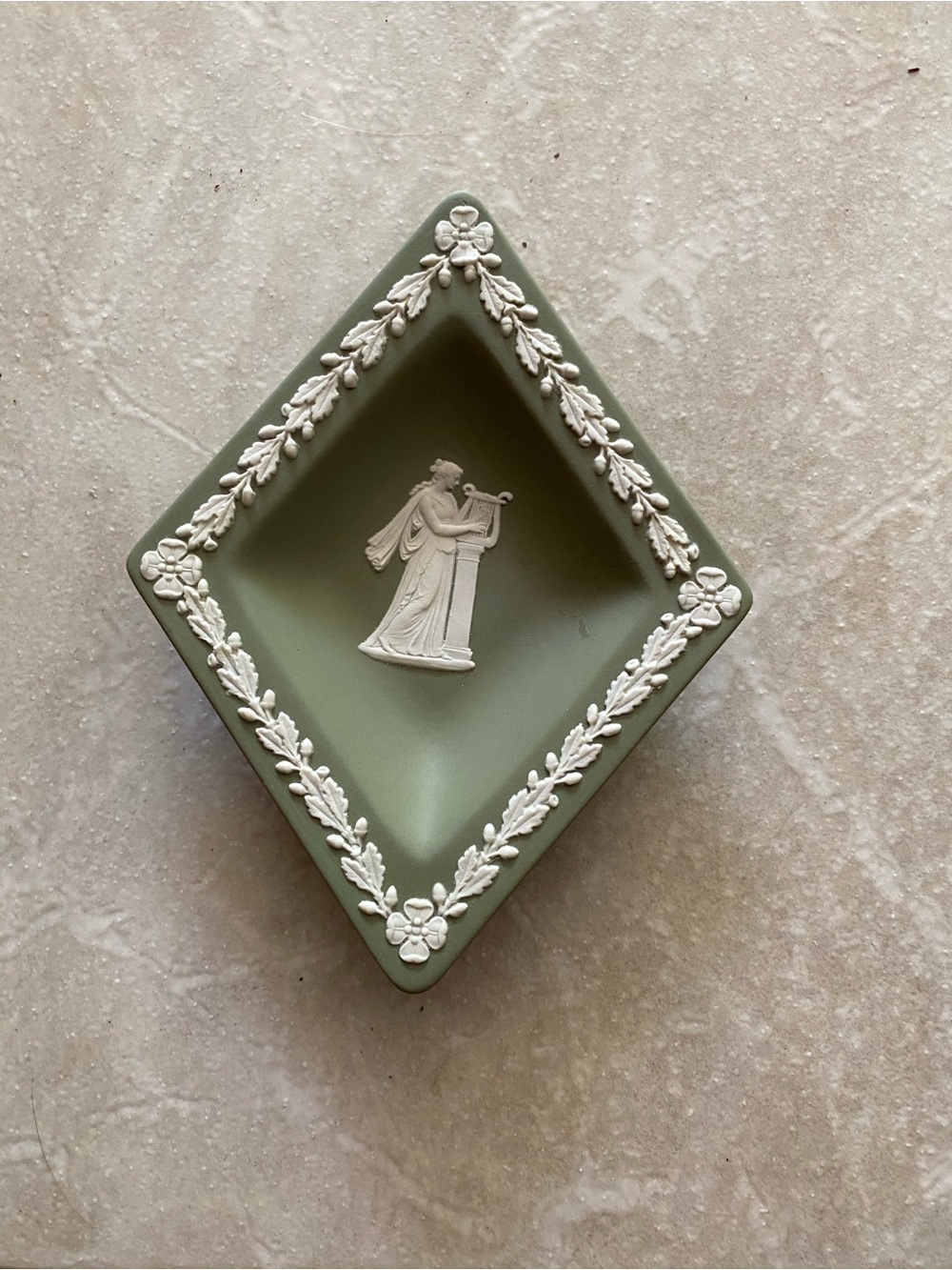 Vintage Wedgwood Jasperware Sage Green Diamond Trinket Dish Lyre Muse Bas-Relief